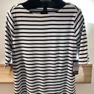 Jones NY Women's T Shirt 100% Cotton Black White Striped Dress Nautical Sz L